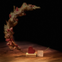 ronde decoratie met lichtjes, droogbloemen en een eenvoudig hartje centraal op de basis 