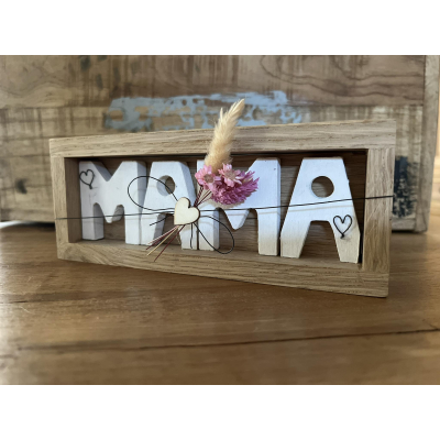 mama eikenhouten houder met metaaldraad en droogbloemen