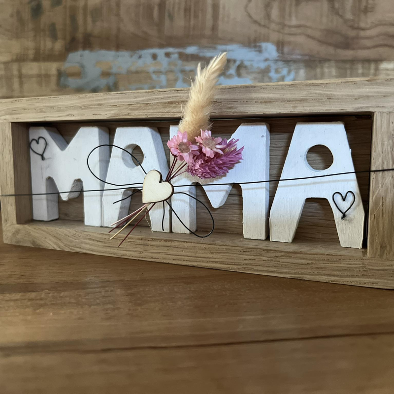 mama eikenhouten houder met metaaldraad en droogbloemen