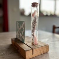 Superjuf pyrografie met kaartje en buisje met droogbloemen